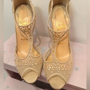 Christian Louboutin Patinana Peep Toe Swarovski Nude Embellished Heels